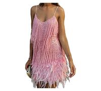 Msharn Women's Feather Fringe Sequin Spaghetti Strap Dress,Sexy Deep V-Neck Bodycon Dress Party Dancewear (Color : Pink, Size : M)