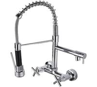 MSHGSKU Kitchen Fauce with Pull Down Sprayer Dual Holes Wall Mount Spring Kitchen Sink Faucet 360° Rotation Brass Double Cross Knobs Hot Cold Water Kitchen Mixer Tap(Chrome)