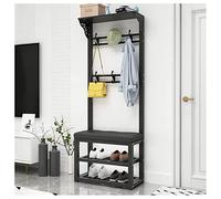 MSHGSKU Multi Functional Black Coat Rack & Shoe Bench nizer 100cm Free Standing Entryway Storage Solution with Hooks and Seating for Shoes Perfect for Hallway Decor