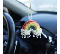 Mshion Car Rear View Mirror Hanging Accessory, Cute Rainbow Car Accessories, Crochet Car Decor, Hand Knitted Car Mirror Hanger