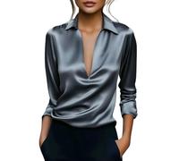 MSHLQ Shirts Women'S Simple And Stylish Work Shirt, V-Neck, Long Sleeves, Comfortable And Loose Fit.- Gray -XXXL