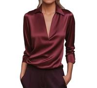 MSHLQ Shirts Women'S Simple And Stylish Work Shirt, V-Neck, Long Sleeves, Comfortable And Loose Fit.-red -L