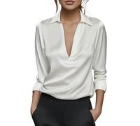 MSHLQ Shirts Women'S Simple And Stylish Work Shirt, V-Neck, Long Sleeves, Comfortable And Loose Fit.-White -M