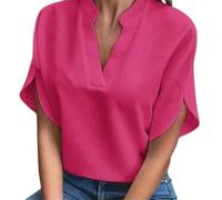 MSHLQ Shirts Women'S Solid Color Shirt, Casual Short-Sleeved V-Neck Loose Shirt, Fashionable Pullover.-Red_a-S