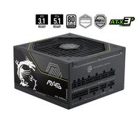 MSI MAG A1200PLS PCIE5 Power Supply Unit, GPU Safeguard, 105°C Main Capacitor, Fan Safeguard, 1200W, 80 PLUS Platinum, ATX 3.1 Ready, Native 12V-2x6, Embossed Jacket Cables