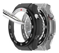 Msiall Tempered Glass Screen Protector Protective Case Compatible with Huawei Watch Ultimate, Hard PC All-Round Screen Protector Ultra Thin Bubble-Free Against Scratches - Transparent Black