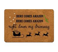 Msimplism.D Doormat Home Decor Funny Doormat Here Comes Amazon Christmas Doormat Winter Doormat Monogram Doormat Indoor Outdoor Rubber Welcome Mat Non-Slip Backing Entry Way Doormat 23.6 x 15.7 Inch