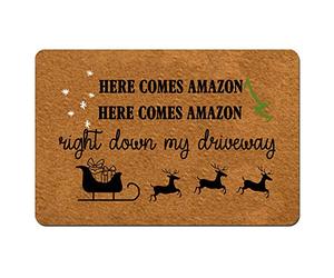 Msimplism.D Doormat Home Decor Funny Doormat Here Comes Amazon Christmas Doormat Winter Doormat Monogram Doormat Indoor Outdoor Rubber Welcome Mat Non-Slip Backing Entry Way Doormat 23.6 x 15.7 Inch