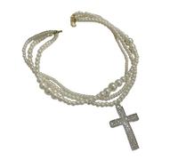 Msioytog Shimmering Crosses Pendant Necklace Featuring Stackable Simulated Pearls and Retro French Styles Jewelry Craft for Women Diamonds Crosses Pendant Necklace