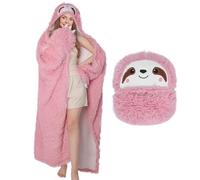 MSISILY Oversized Blanket with Sleeves and Hood, Hoodie Blanket Women's Sherpa Fleece Cuddly Blanket Portable Blanket for Dressing Birthday Gift for Women Ladies, Pink - Sloth, 160x130cm