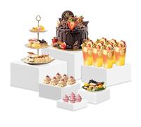 Msiud Buffet Riser, Nesting Stackable Acrylic Cube Set 6PC Food Display Stands with Hollow Bottoms, Multi Tier Dessert Party White Displays Portable for Wedding Afternoon Tea Catering Showcase