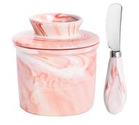 MSJGA Ceramic Butter Crock with Lid & Spreader Knife, Butter Keeper - Ideal Butter Storage & Countertop Butter Dish (Marble Pink with Marble Pink Knife, M)