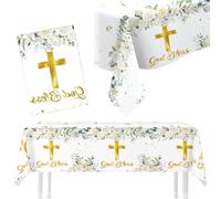 Msjuwek First Holy Communion Tablecloth 220x130cm - White Baptism PEVA Cover with Eucalyptus & God Bless Design, Waterproof for Christening, Confirmation, Baby Shower