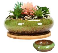Mskmnkot Lotus Bowl Planter Ceramic Glazed Lotus Bowl 7x2in Round Decorative Shallow Hydroponic Planter Without Drain for Water Lily, Green