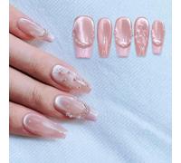 MSLSOZ 10Pcs Pink French Tip Press on Nails, Square Glossy Cat-Eye False Nails with Pearl Decor & Quilted Diamond Design, Fake Nails with Tool set for Women Manicure (Medium, 2.3cm, Square)