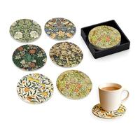 MSLSOZ 6 Round Silicone Coasters, William Morris Coaster Set, Coasters with Silicone Holder, Vintage Floral Plant Pattern, Waterproof Non-Slip, Ideal for Home, Office, Bar Gifts (9 * 9 * 0.24cm).