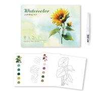 MSLSOZ Watercolor Coloring Book, 20 Sheets No-Repeat Plant Line Art Paper with Refillable Watercolor Brush, Finished Art Reference - Gift for Kids, Partners, Watercolor Beginners (21cm×14.5cm)