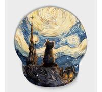 MSLSOZ Wrist Support Mouse Mat, Ergonomic Memory Foam Mouse Pad, Mouse Wrist Rest with Non-slip PU Base, Accessory for Home Office Computer, Laptop(Black Cat & The Starry Night)