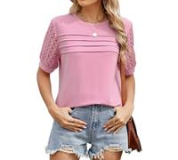 MsLula Womens Lace Short Sleeve Tops Ladies Summer Crewneck Going Out Tops Loose Casual Blouse Pleated Dressy Shirts Pink