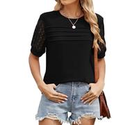 MsLula Womens Lace Short Sleeve Tops Ladies Summer Crewneck Going Out Tops Loose Casual Blouse Pleated Dressy Shirts Black