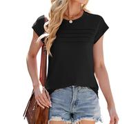 MsLula Womens Tops Summer Cap Sleeve Pleated Crewneck T Shirts Loose Fit Dressy Casual Basic Tees Black