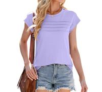 MsLula Womens Tops Summer Cap Sleeve Pleated Crewneck T Shirts Loose Fit Dressy Casual Basic Tees Purple