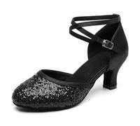 MSMAX Women's Glitter Latin Dance Shoes Sequin Closed Toe Ankle Strap - Ballroom Salsa Tango 1920s Flapper Party Shoes, Black, 2 UK