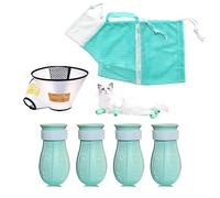MSMUOEZ 7 Pieces of Cat Bathing Supplies,Anti-Scratch Silicone Cat Shoes,Cat Claw Covers, Cat Shower Net Bag,Cat Bathing Bag,Cat Grooming Mesh Bag,Elizabethan Collar(No.3)
