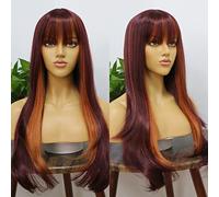 Msmyrns 99J Ginger Orange Highlights Mixed Color Synthetic Wig with Bangs Natural Wavy Bangs Wig Machine Made Wig Without