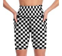 MSOKAZZLES High Waist Workout Yoga Shorts for Women with Pockets Tummy Control Yoga Leggings Running Gym Biker Shorts, Black White Race Checkered Flag, M