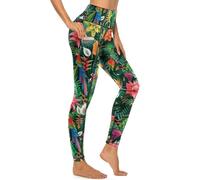MSOKAZZLES High Waisted Exercise Yoga Pants for Women Running Sports Workout Yoga Leggings with Pockets, Tropical Flowers Leaves, Large