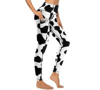 MSOKAZZLES High Waisted Exercise Yoga Pants for Women Running Sports Workout Yoga Leggings with Pockets, Black and White Cow, Large