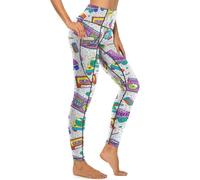 MSOKAZZLES High Waisted Exercise Yoga Pants for Women Running Sports Workout Yoga Leggings with Pockets, White 80s 90s, M