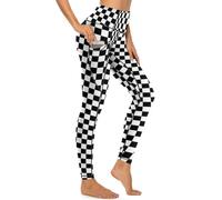 MSOKAZZLES High Waisted Exercise Yoga Pants for Women Running Sports Workout Yoga Leggings with Pockets, Black White Race Checkered Flag, XL