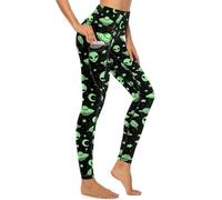 MSOKAZZLES High Waisted Exercise Yoga Pants for Women Running Sports Workout Yoga Leggings with Pockets, Green Alien Ufo Moon, XL
