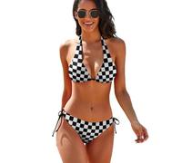 MSOKAZZLES Women's Sexy Two Piece Swimsuit Halter Top and Thong Bathing Suit Bikini Sets Push Up Swimwear Beachwear, Black White Race Checkered Flag, Medium