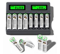Mspalocell 4 AA battery 1.5 V rechargeable with charger, 4 lithium rechargeable batteries AAA with 8 slots USB C Type-C independent charging LCD intelligent quick charger for AA AAA (Charger+4AA+4AAA)