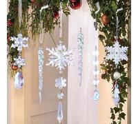 MSQ 18 Pcs Christmas Ornaments,Snowflake,Icicle & Teardrop Crystal Hanging | Iridescent Acrylic Christmas Ornaments with Ribbon for Xmas Tree, Window, Party, Home Holiday Decor