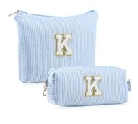 MSQ A-Z Personalized Initial Make up Bags for Women 2 Pack Large Capacity Stripes Cosmetic Bags Portable Toiletry Bag (Blue K)