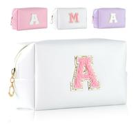 MSQ Personalized Makeup Cosmetic Bag Large Capacity Cosmetic Bag, Portable Travel Makeup Organiser Toiletry Bag, Waterproof PU Leather Wash Bag with Chenille Letter (Letter A) White