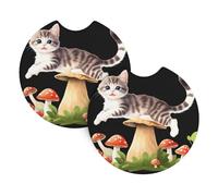 MSRHIUEF Kitten jumping on mushrooms Printing Car Coaster Set of 2 Waterproof, Quick Drying, Odorless for Most Cars, Trucks, SUVs
