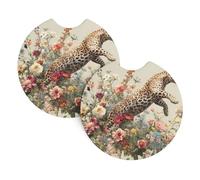 MSRHIUEF Leopard Jumping Among The Flowers Printing Car Coaster Set of 2 Waterproof, Quick Drying, Odorless for Most Cars, Trucks, SUVs