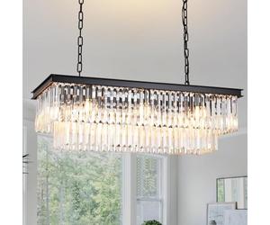 MSSIAN Modern Black Crystal Chandelier, Rectangular Ceiling Light Large Hanging Pendant Fixture for Living Room Dining Room Foyer Bedroom, L80cm Contemporary Luxury Crystal Lighting E14 Socket