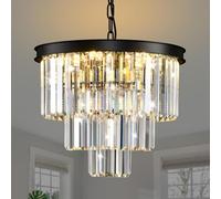 MSSIAN Modern Contemporary Black K9 Crystal Chandelier Pendant Light, 3-Tier 7-E14 Socket Round Mini Ceiling Fixture 40CM, Hanging Lighting for Dining Living Room Entryway