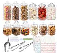 Mssushi 12 Pcs Retro Sweet Jars for Candy Buffet, Empty Sweet Jars With Lids, 2 Tongs, 1 Shovel, 80 Bags, 1 Brush, 2 Styles Clear Candy Containers Set for Party, Celebration,Wedding