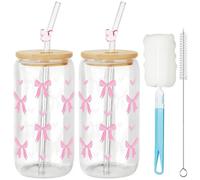 Mssushi 2Pcs Bow Glass Cups with Lids and Straws, 16OZ Cute Clear Iced Coffee Cup, Aesthetic Gifts for Girls, Birthday Gifts for Women, Matcha Cups for Bubble Tea, Juice (Plue Bow & Heart)