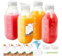 Mssushi 4 Pack Glass Juice Bottles with Lids 500ml,Square Wide Mouth Glass Milk Bottle for Smoothies,Juice,Milk,Homemade Beverages,Hot Cold Drinks,Juicing Bottles with Pour Spout