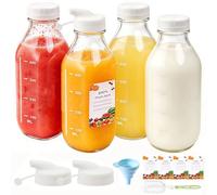Mssushi 4 Pack Square Wide Mouth Glass Milk Bottle 500ml,16OZ Glass Juice Bottles with Lids,Juicing Bottles with Pour Spout for Smoothies,Juice,Milk,Homemade Beverages,Hot Cold Drinks