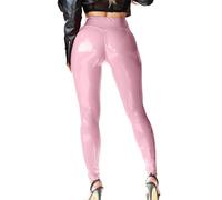 Mstaad Patent Faux Leather Leggings for Women High Waisted Butt Lifting Lacquer Pleather Latex Shiny Pants Concert Outfits, Crystal Pink, XL