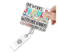 Msticey She Works Joyfully with Her Hands Badge Holder Glitter Badge Holder Funny Bible Verse Badge Holder Gift for Nurses Christians Graduation Gifts for